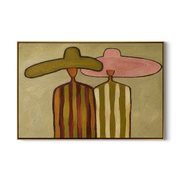 Sage & Rose – Vintage Americana Two Figures in Sombreros Painting | Colorful Folk Art Living Room Art