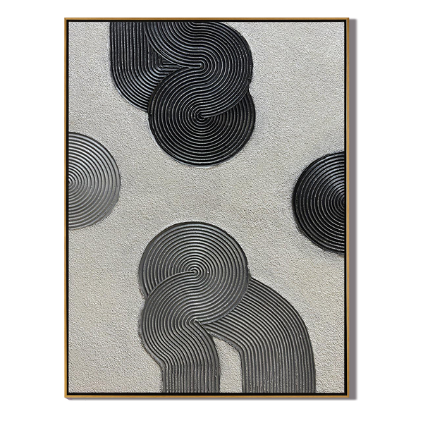 Cosmic Balance – Minimalist Black & Gray 3D Linear Geometric Art | Modern Textured Living Room Art