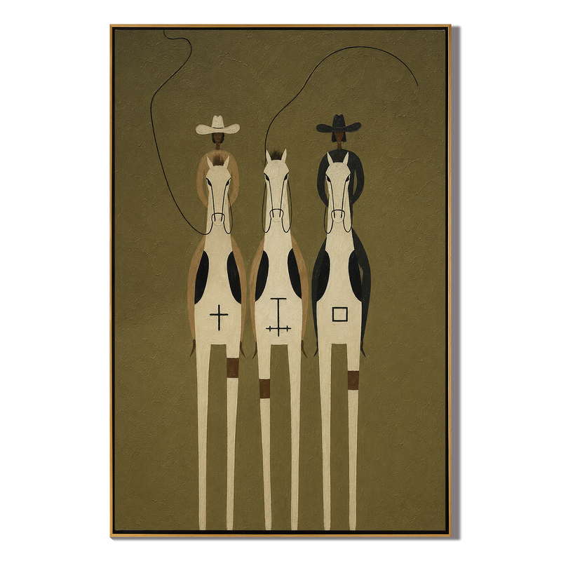 Two Lassos – Vintage Americana Two Cowboys on Symbol Horses Painting | Folk Art Living Room Art