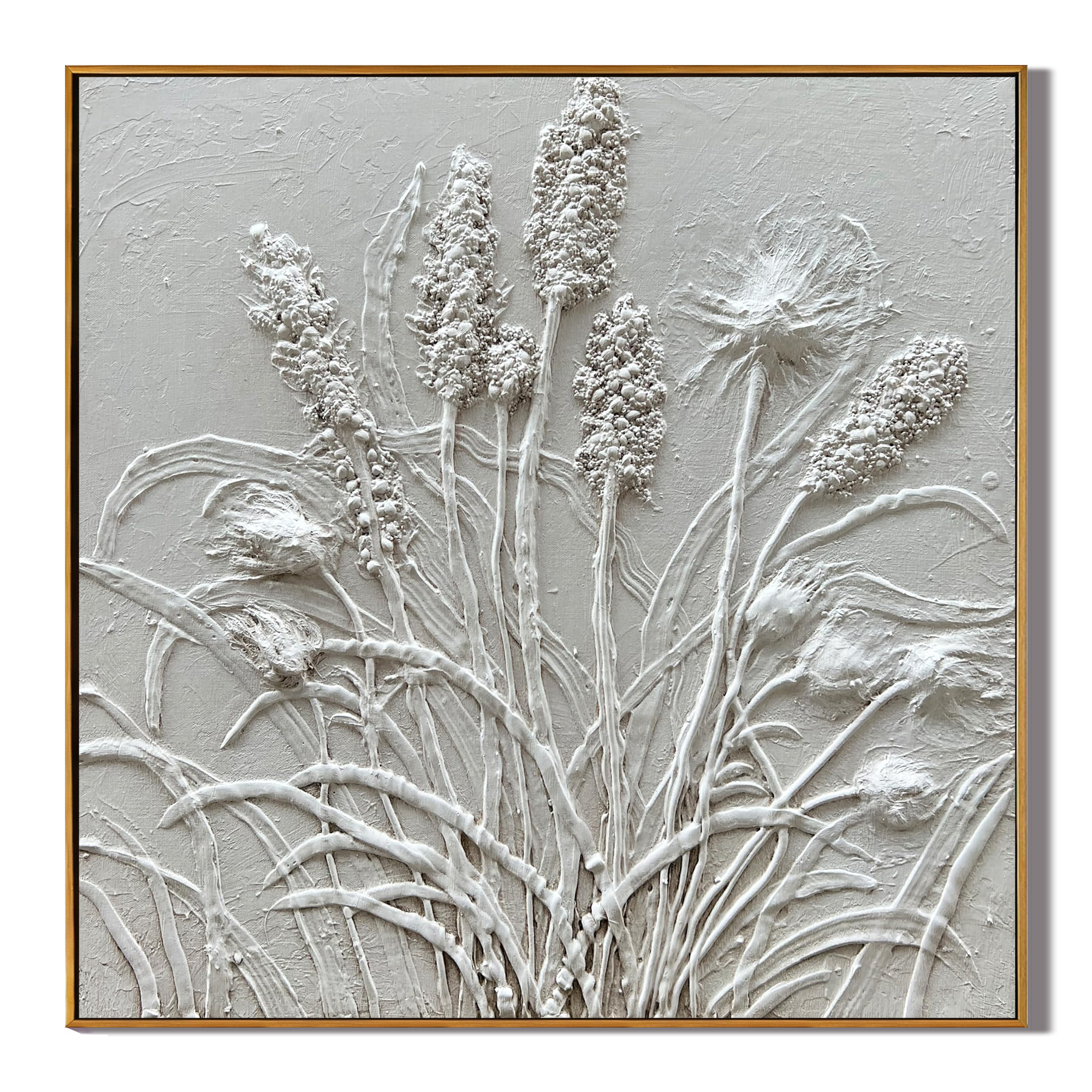 LAVENDER BREEZE: 3D Heavy Texture Lavender Wall Art, White Plaster Botanical Relief