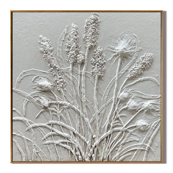 Lavender Breeze – White Plaster Botanical Relief Texture Painting | Contemporary Botanical Bedroom & Living Room Art