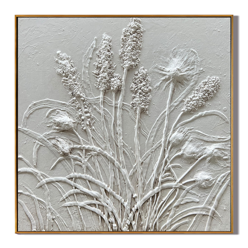 Lavender Breeze – White Plaster Botanical Relief Texture Painting | Contemporary Botanical Bedroom & Living Room Art