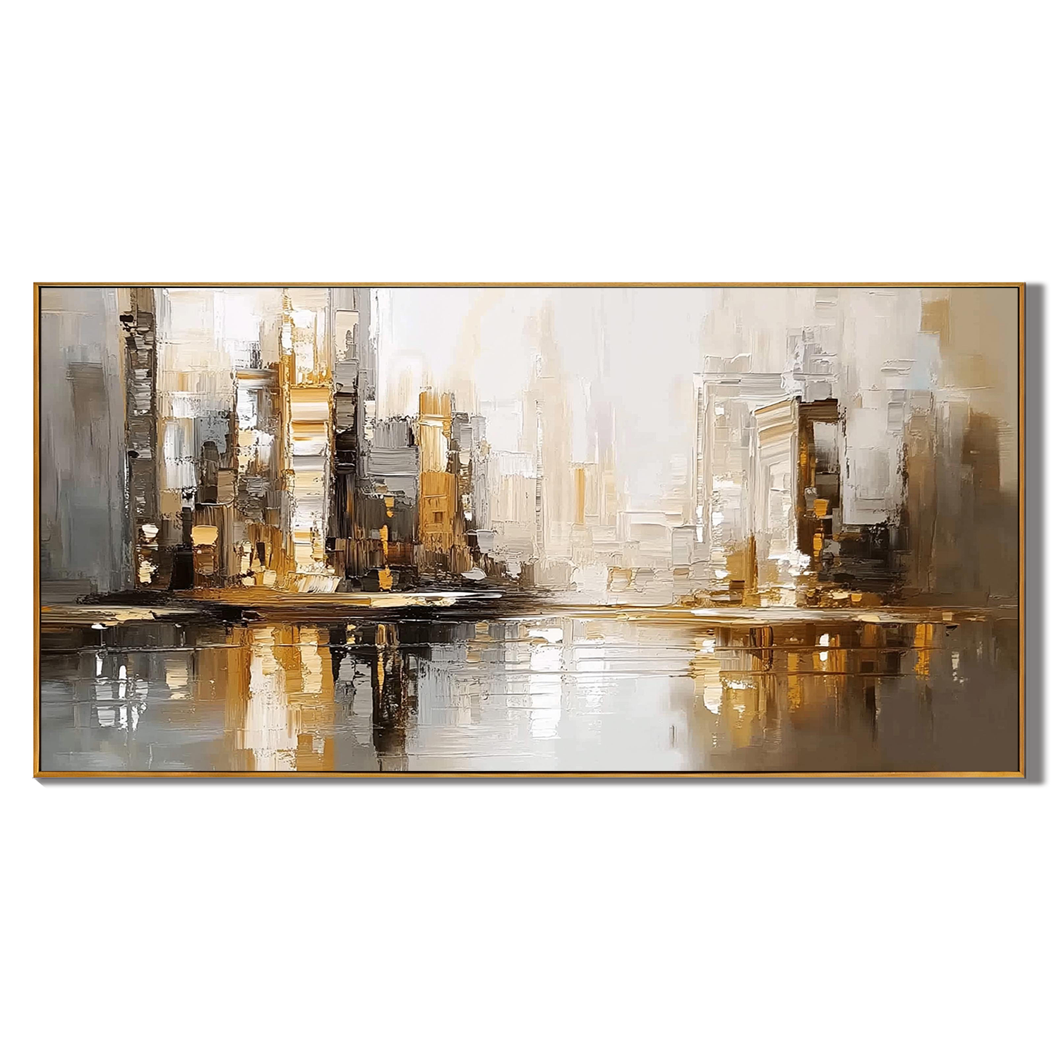URBAN GOLD: Cityscape Wall Art, Hand-Painted Industrial Gold and Grey Skyline Palette Knife Heavy Texture Canvas Painting