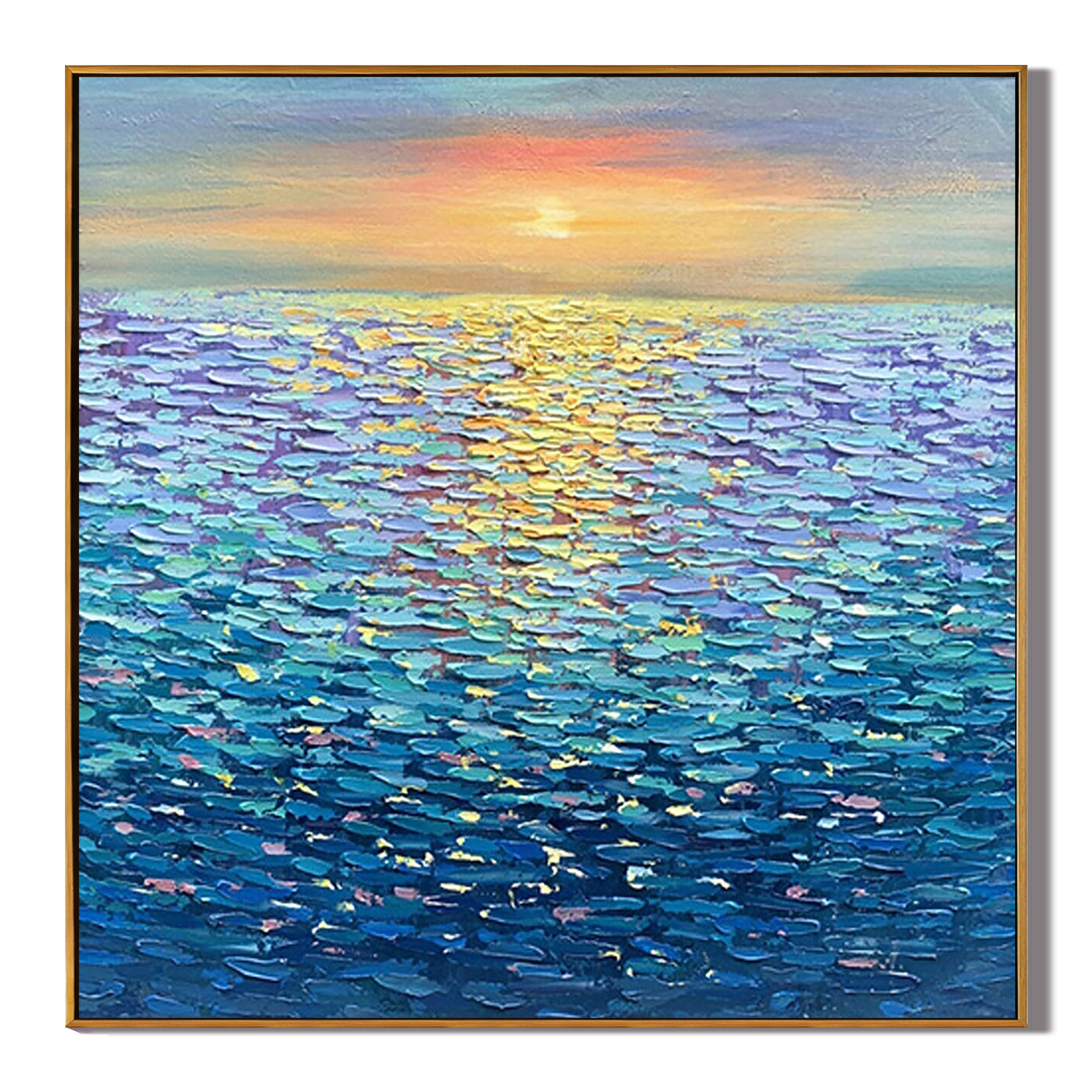 OCEAN GLOW: Square 3D Heavy Texture Seascape Wall Art, Modern Sunset Reflection Impasto