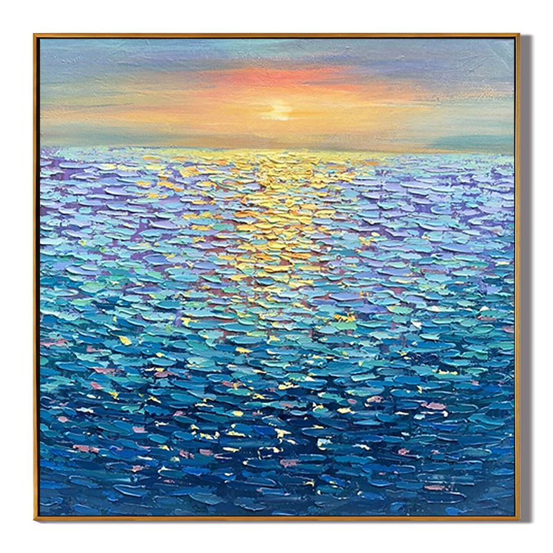 Ocean Glow – Modern Sunset Reflection Impasto Texture Painting | Coastal Modern Living Room & Bedroom Art