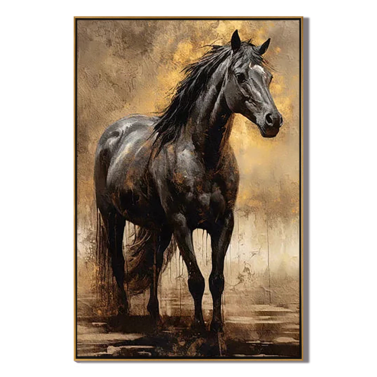 The Obsidian Knight – Realistic Black Horse Texture Painting | Gilded Earth Tone Living Room Art