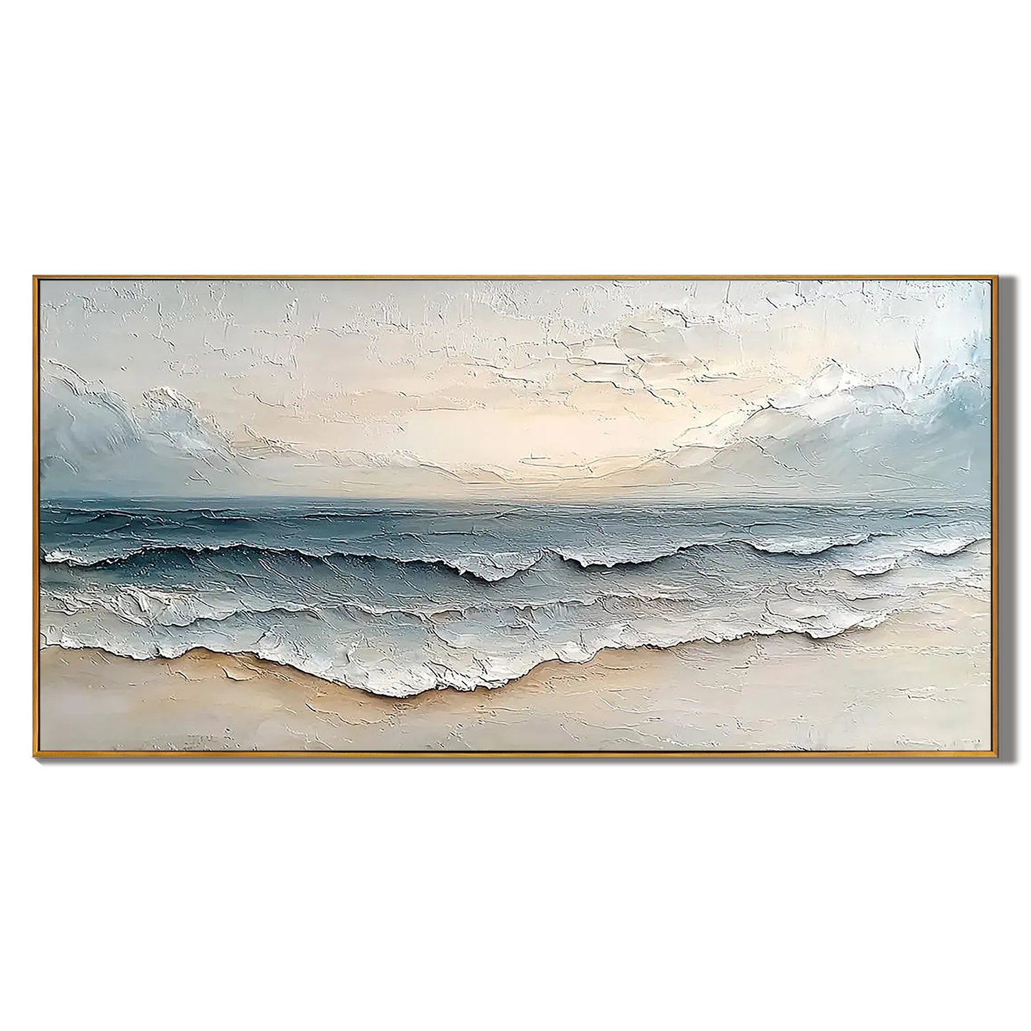 CREAMY SHORE: Texture Wall Art, Hand-Painted Horizontal Off-White and Pale Blue 3D Textured Coastal Canvas Art