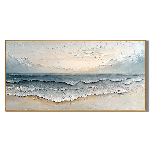 Creamy Shore – Hand-Painted Off-White and Pale Blue 3D Textured Coastal Texture Painting | Coastal Modern Living Room & Bedroom Art