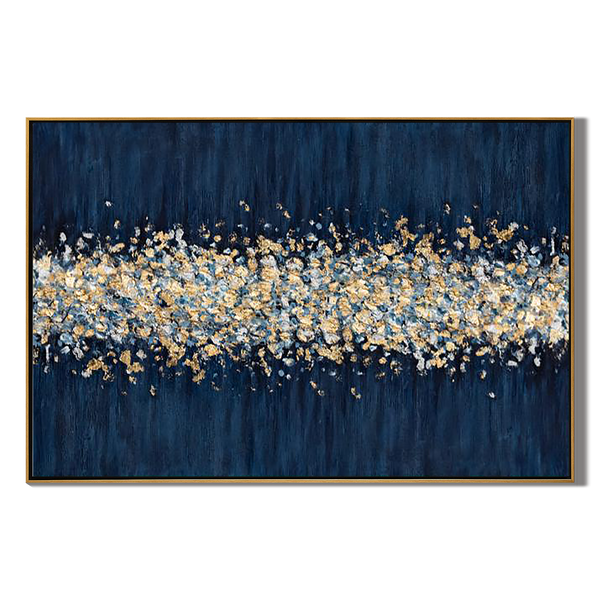 Celestial Tide – Hand-Painted Navy Blue and Gold Foil Abstract Texture Painting | Modern Abstract Living Room & Office Art