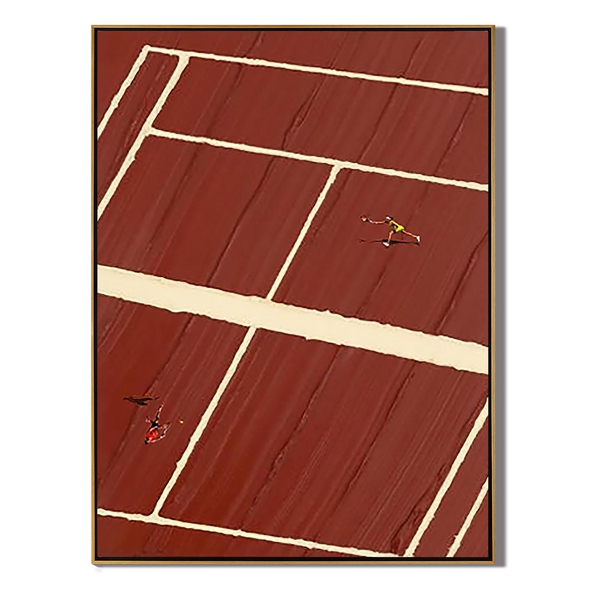 Clay Court – Minimalist Red Clay Tennis Court Hand-Painted Geometric Sport Painting | Contemporary Sport Home Office & Living Room Art