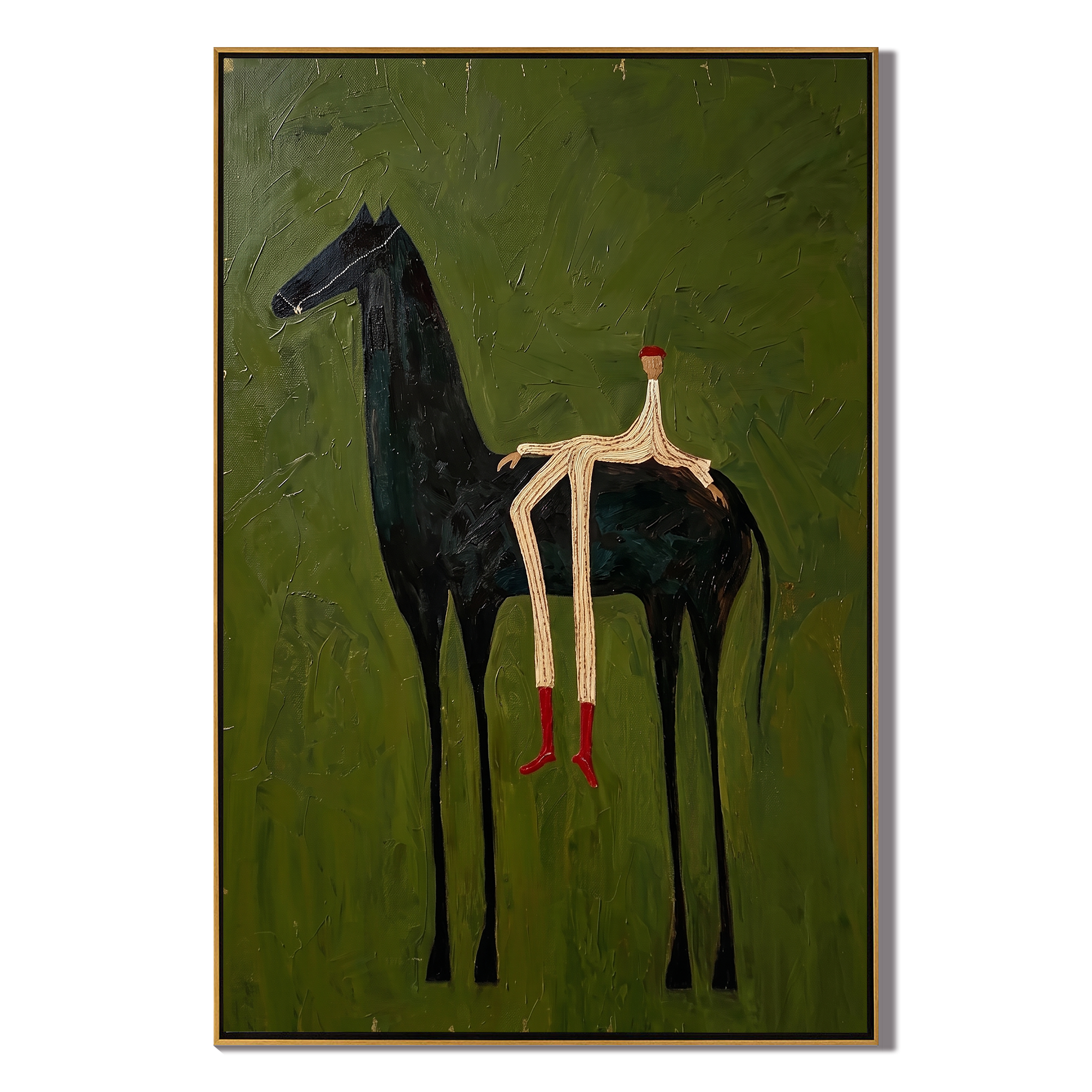 The Solitary Dreamer – Surrealistic Black Horse & Red Boots Painting | Modern Minimalist Living Room Art
