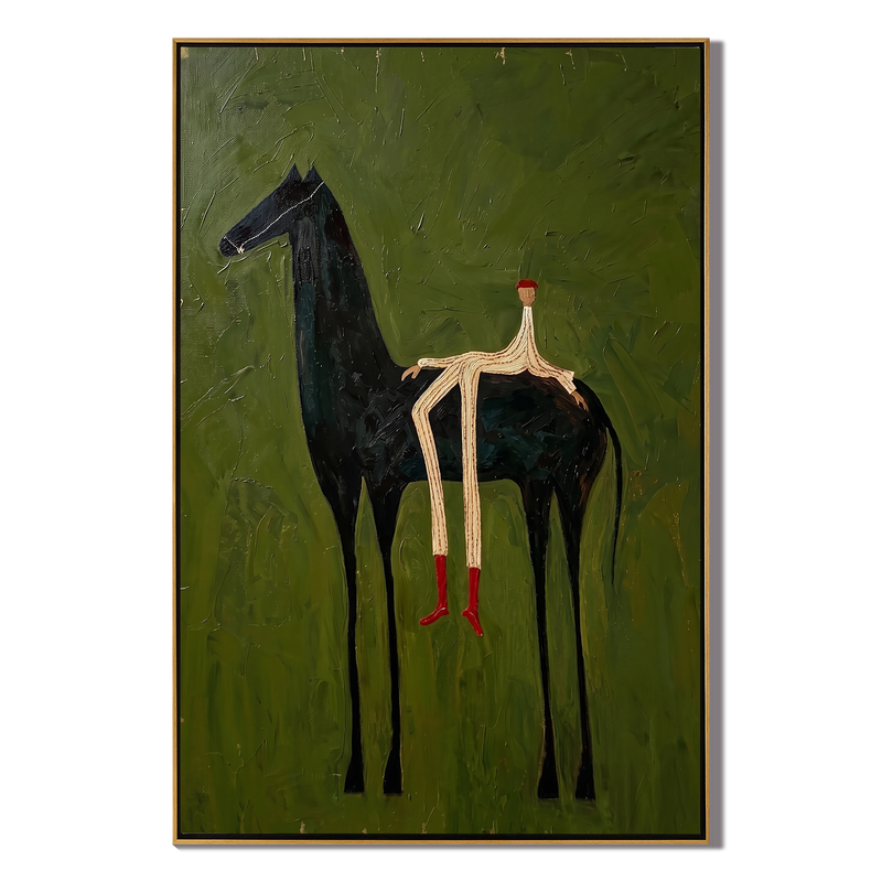 The Solitary Dreamer – Surrealistic Black Horse & Red Boots Painting | Modern Minimalist Living Room Art
