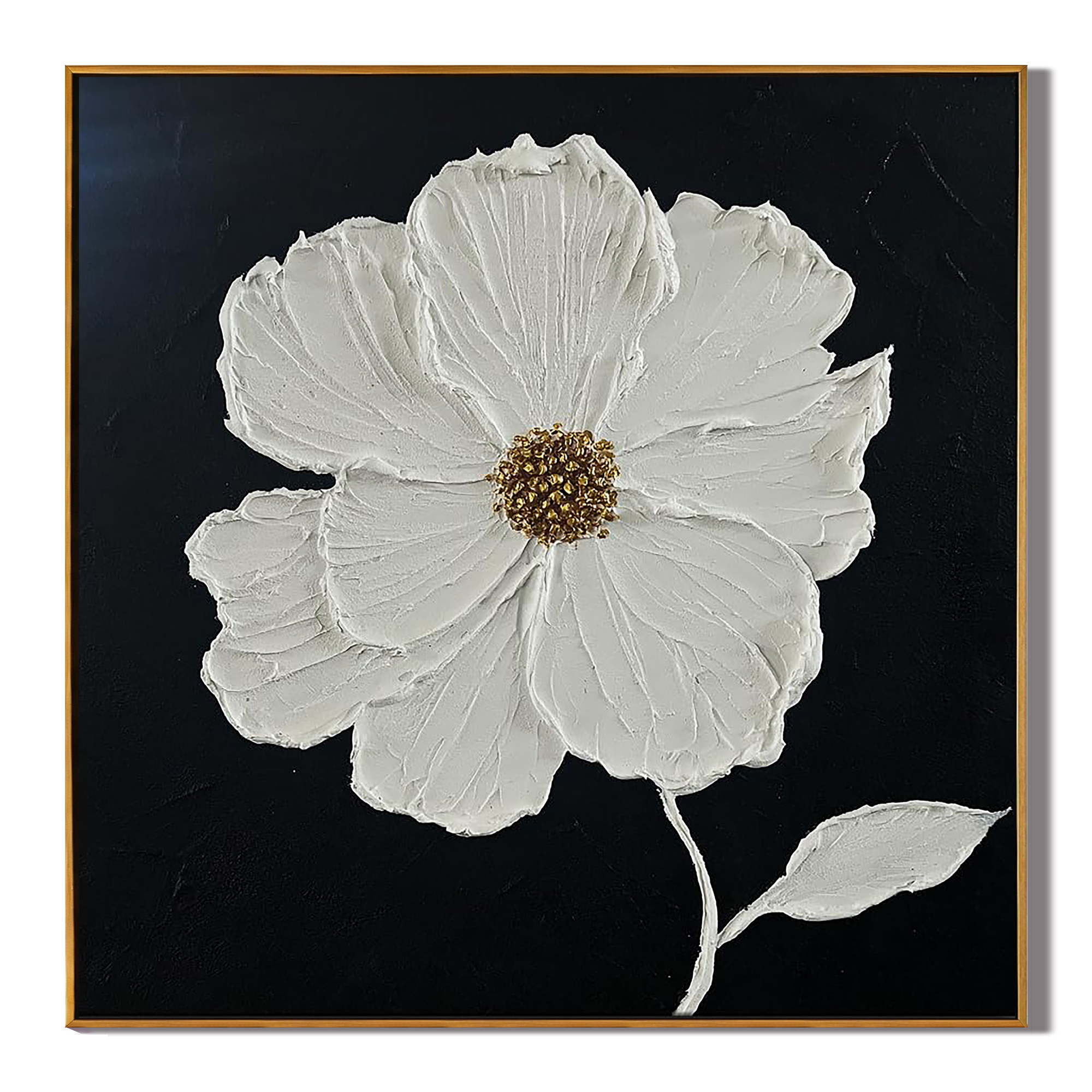 PURE BLOOM: Floral Wall Art, Hand-Painted Black and White Minimalist Petal Plaster Relief 3D Heavy Texture Studio Art