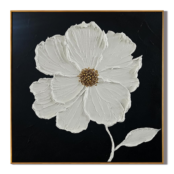 Pure Bloom – Hand-Painted Black and White Minimalist Petal Plaster Relief Floral Painting | Minimalist Botanical Bedroom & Living Room Art