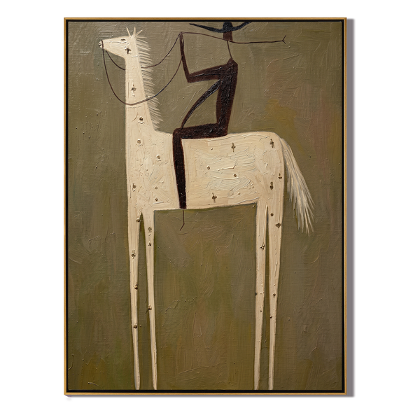 White Spirit Horse – Vintage Americana Dark Rider on Pale Horse Painting | Minimalist Hallway Art