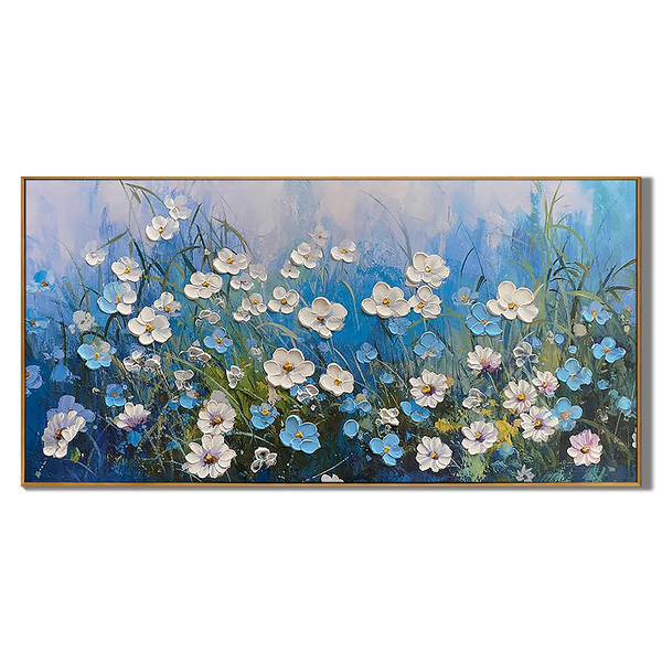 Azure Meadow – Blue Wildflower Relief Floral Painting | Contemporary Botanical Bedroom & Living Room Art