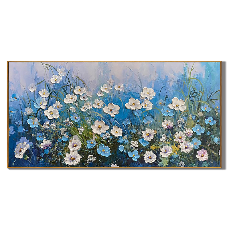 Azure Meadow – Blue Wildflower Relief Floral Painting | Contemporary Botanical Bedroom & Living Room Art