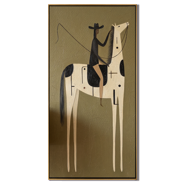 Dark Rope & White Horse – Vintage Americana Rider with Lasso on Painted Horse Painting | Folk Art Hallway Art