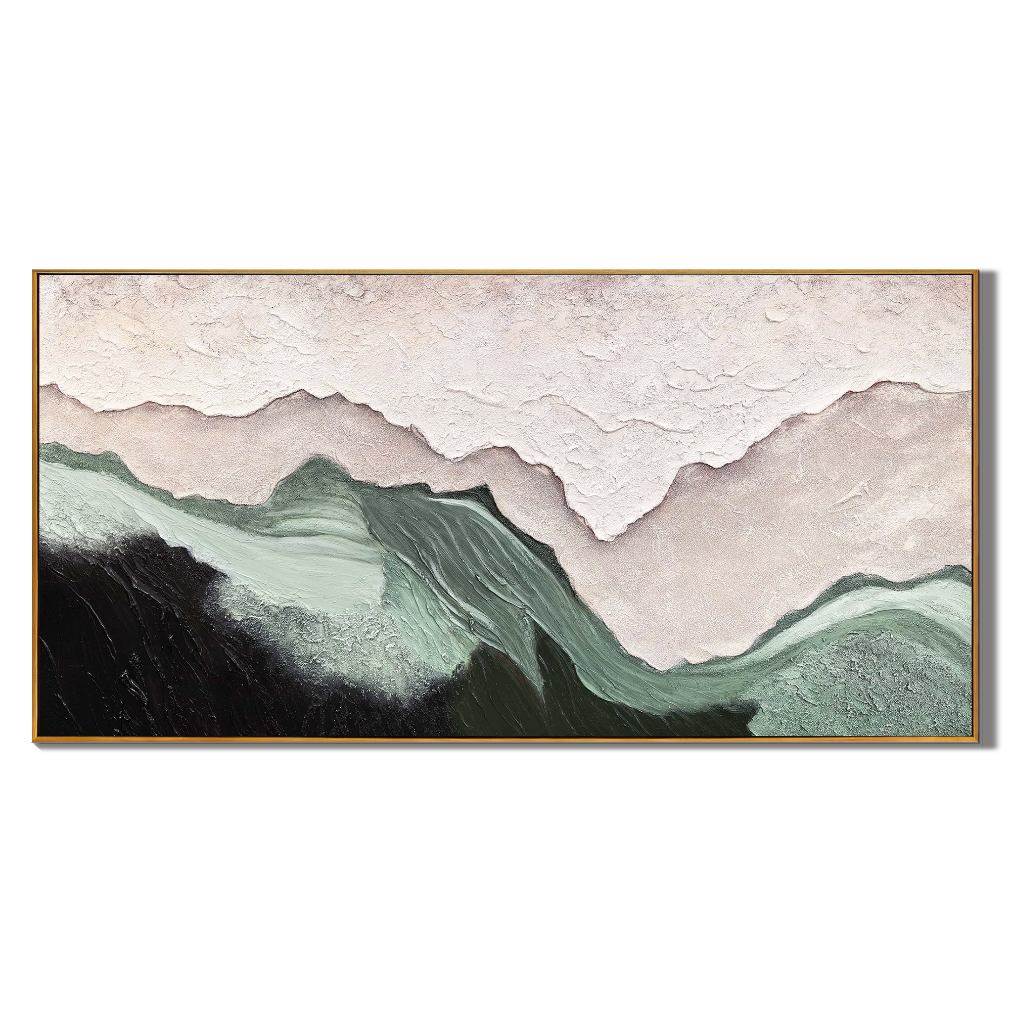Mountain Echo – Wabi-Sabi Emerald Green Textured Painting | Horizontal Abstract Living Room Art