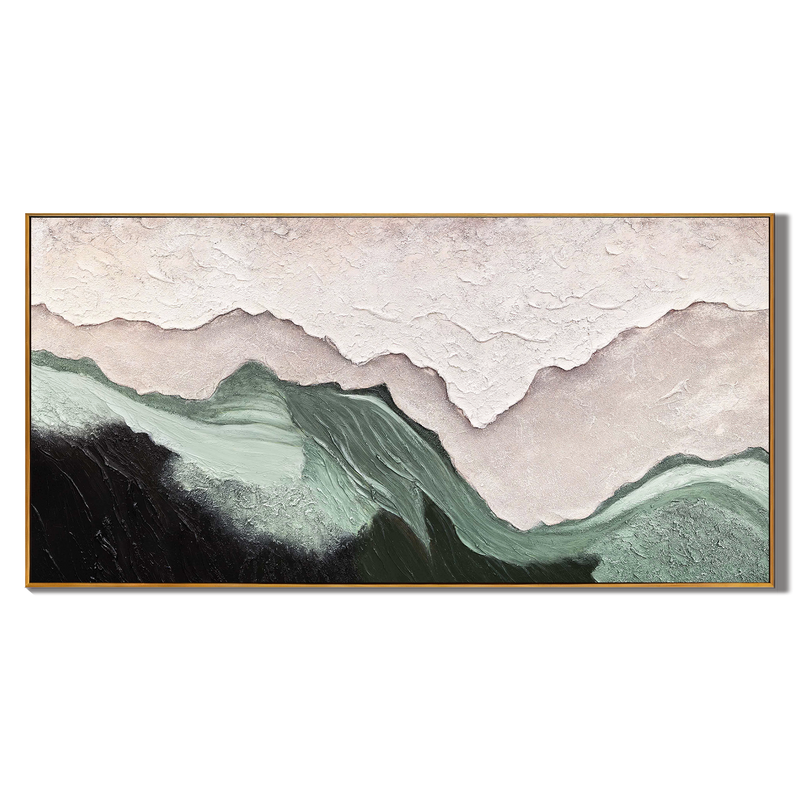 Mountain Echo – Wabi-Sabi Emerald Green Textured Painting | Horizontal Abstract Living Room Art