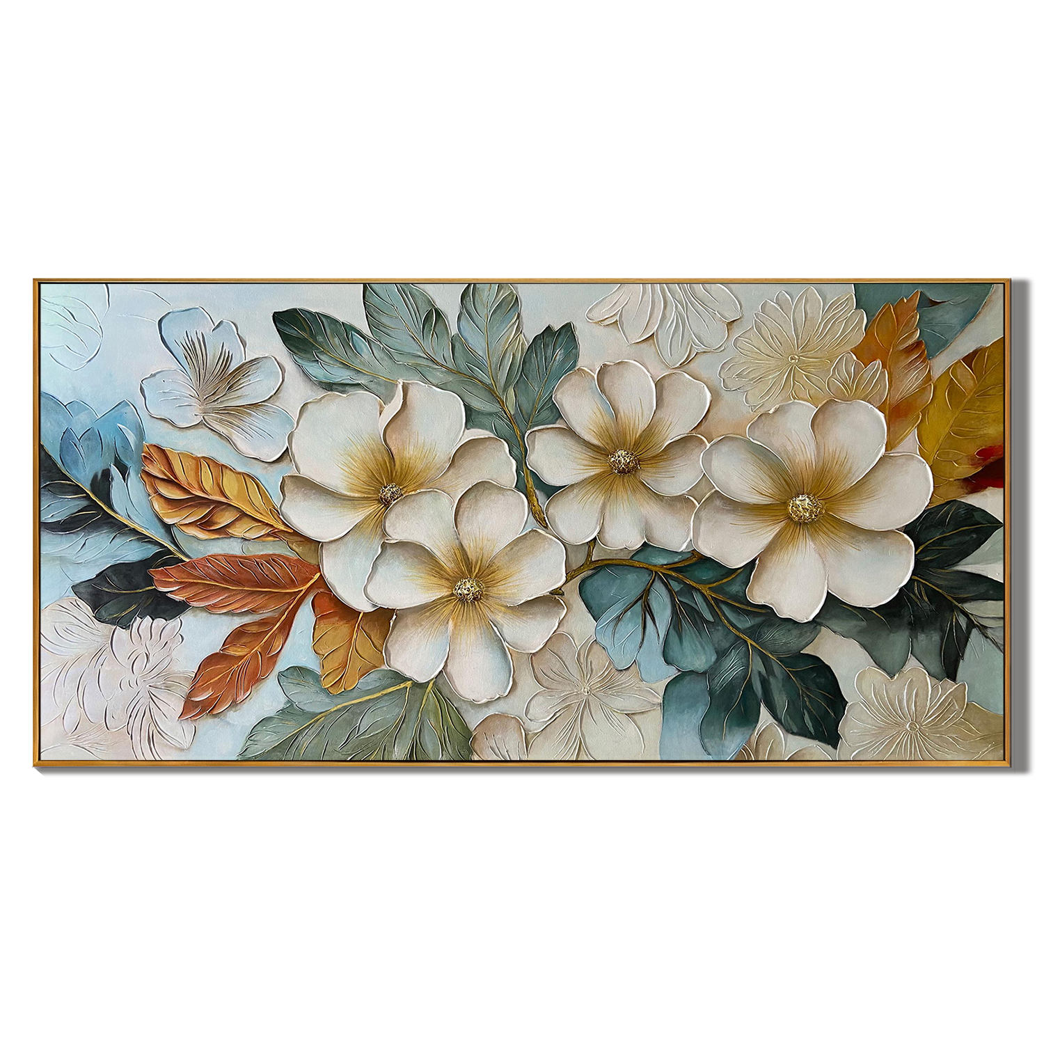VINTAGE BLOOM: Panoramic 3D Heavy Texture Floral Wall Art, Modern Botanical Plaster Relief