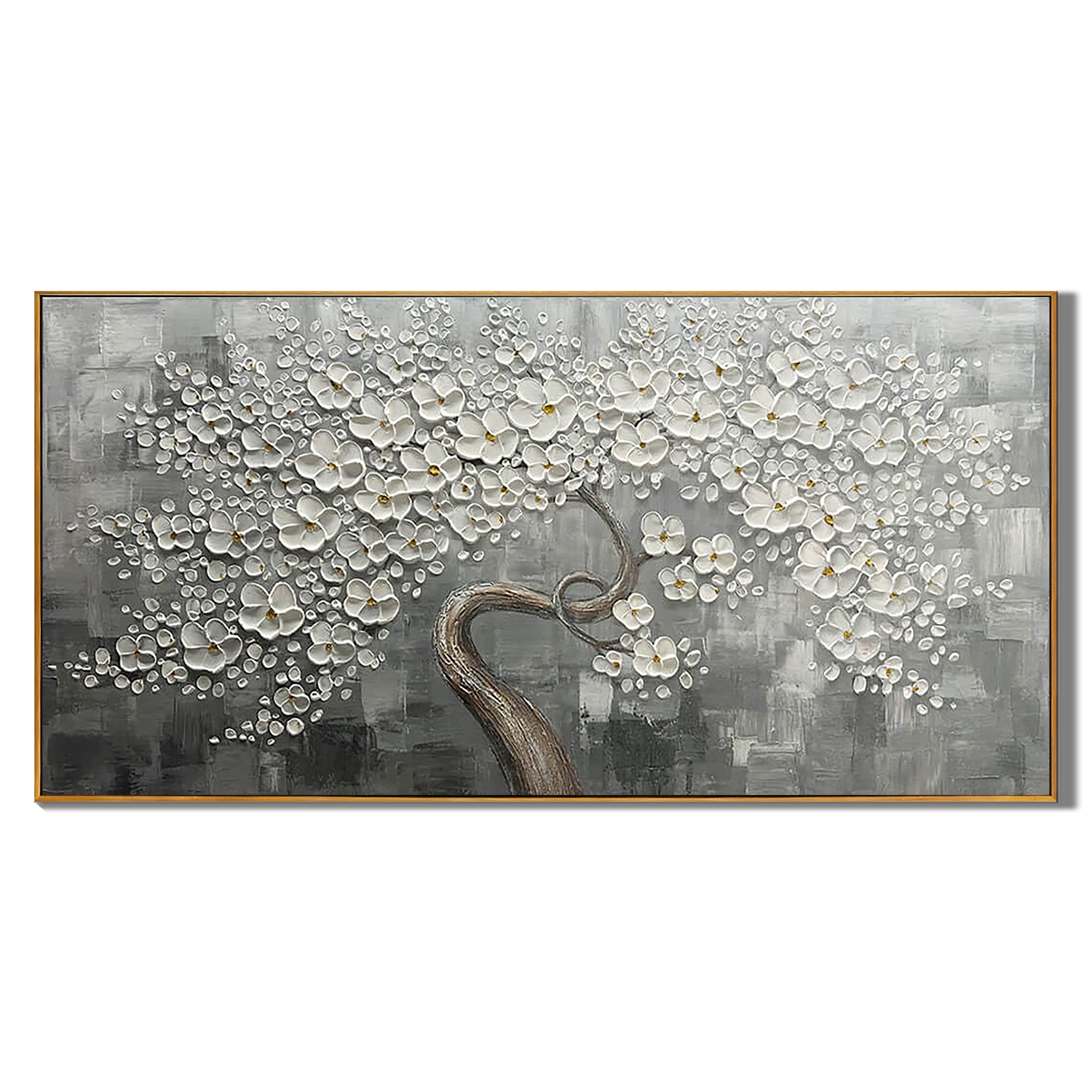 SILVER BLOSSOM: Floral Wall Art, Hand-Painted Horizontal White Tree 3D Relief Heavy Texture Plaster Canvas Painting