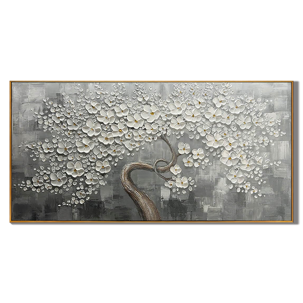 Silver Blossom – Hand-Painted White Tree 3D Relief Heavy Texture Plaster Floral Painting | Contemporary Botanical Bedroom & Living Room Art