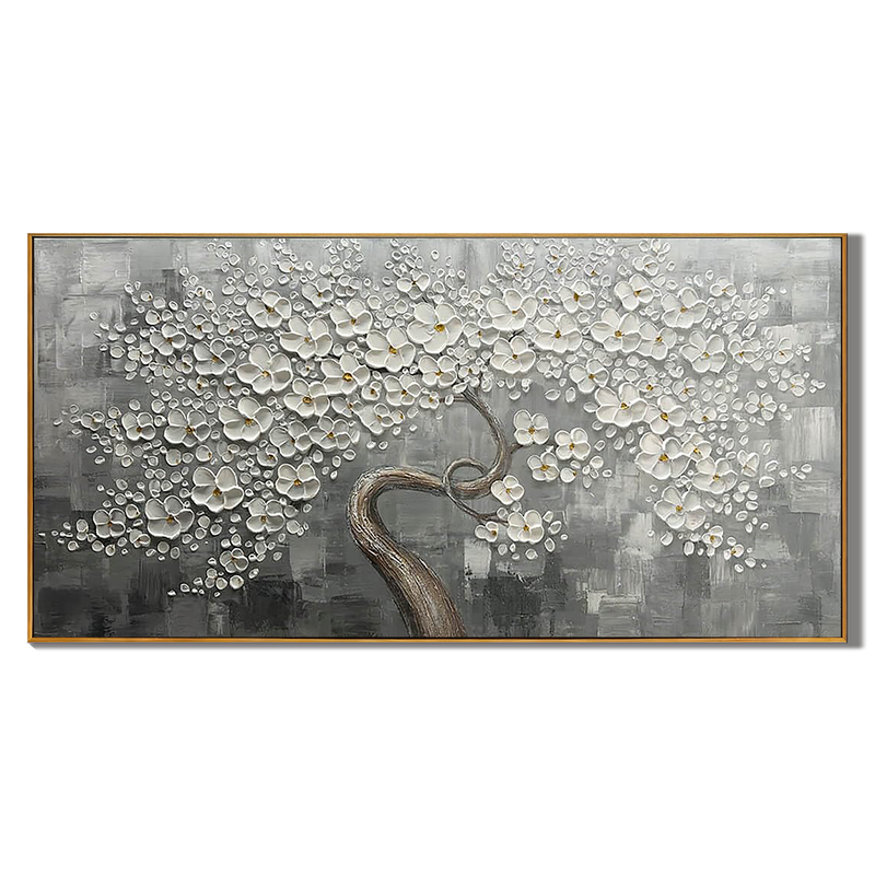 Silver Blossom – Hand-Painted White Tree 3D Relief Heavy Texture Plaster Floral Painting | Contemporary Botanical Bedroom & Living Room Art