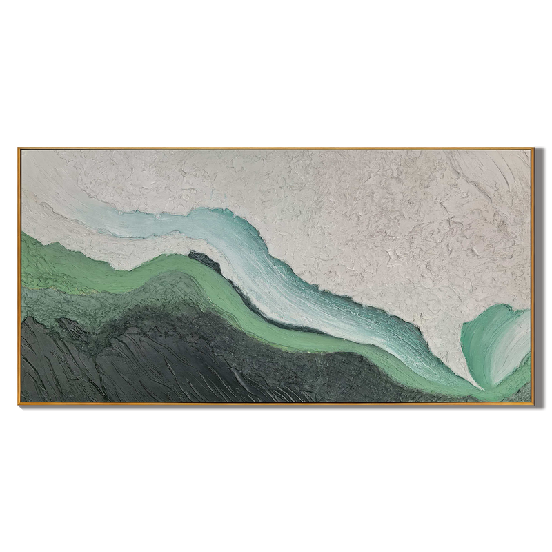 Mossy Earth – Panoramic Heavy Texture Green Abstract Painting | Wabi-sabi Nature Inspired Living Room Art