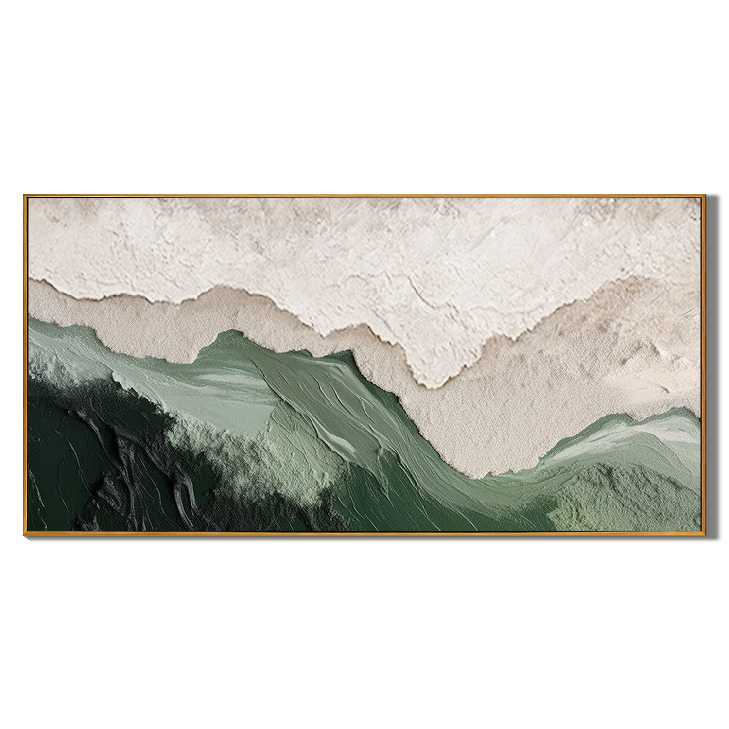 Mountain Echo – Wabi-Sabi Emerald Green Textured Painting | Horizontal Abstract Living Room Art