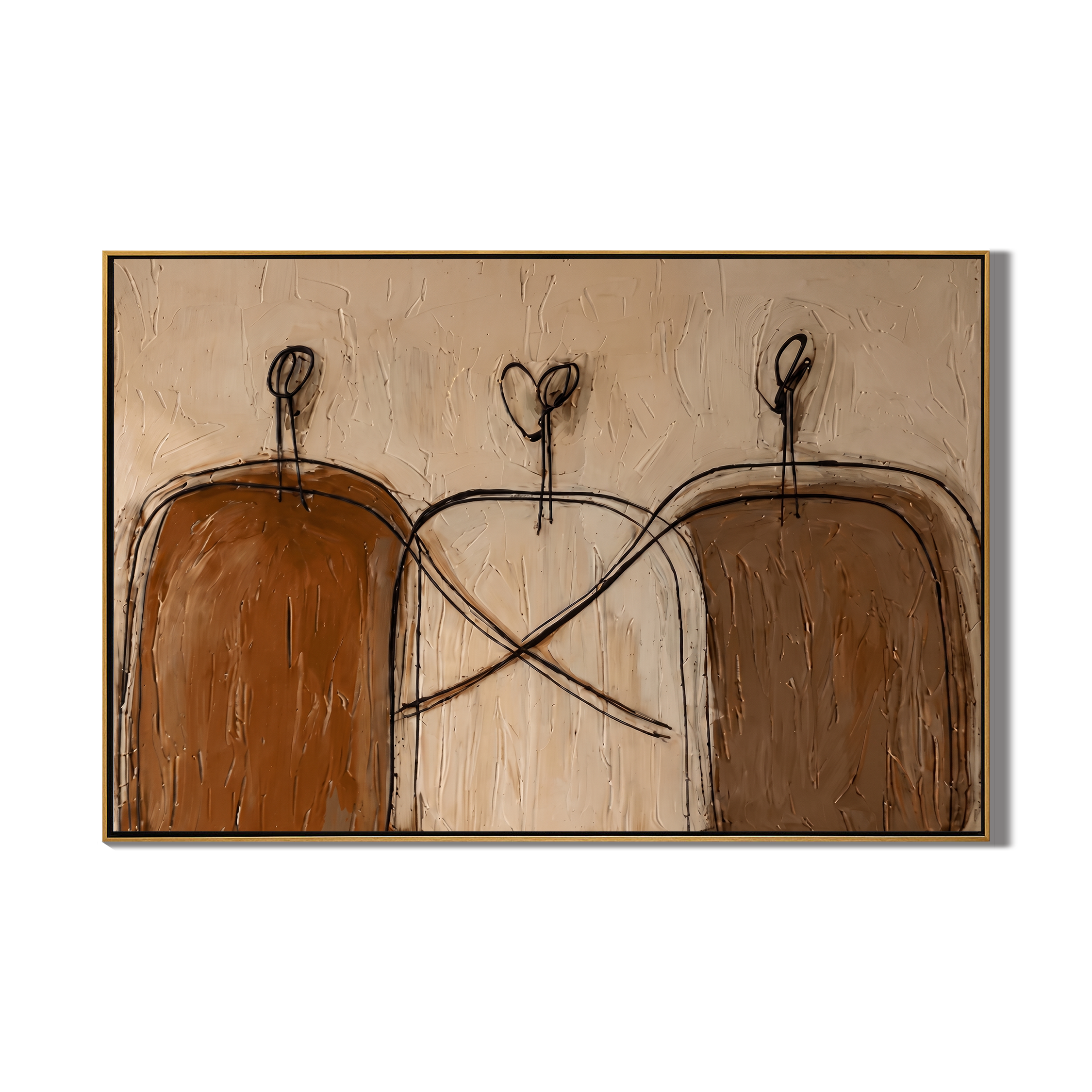Linked Silhouettes – Minimalist Cream Line-Figure Painting | Modern Neutral Living Room Art