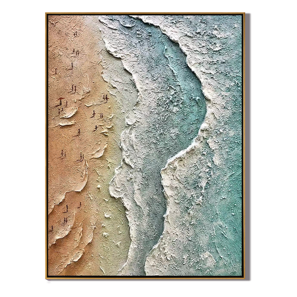 Coastal Rhythm – Hand-Painted Sandy Beach Ocean Wave Relief Seascape Painting | Coastal Modern Living Room & Bedroom Art
