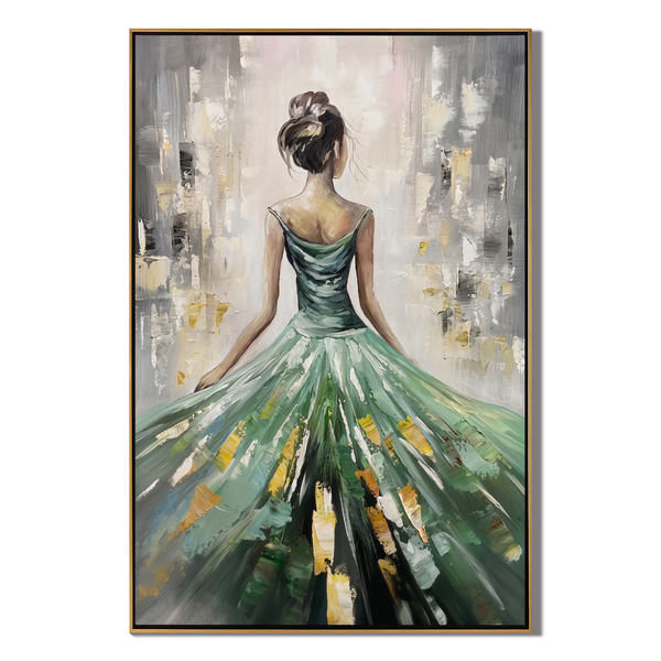 Emerald Radiance – Modern Impressionist Figure Painting | Elegant Woman in Sage Green Gown Bedroom Art