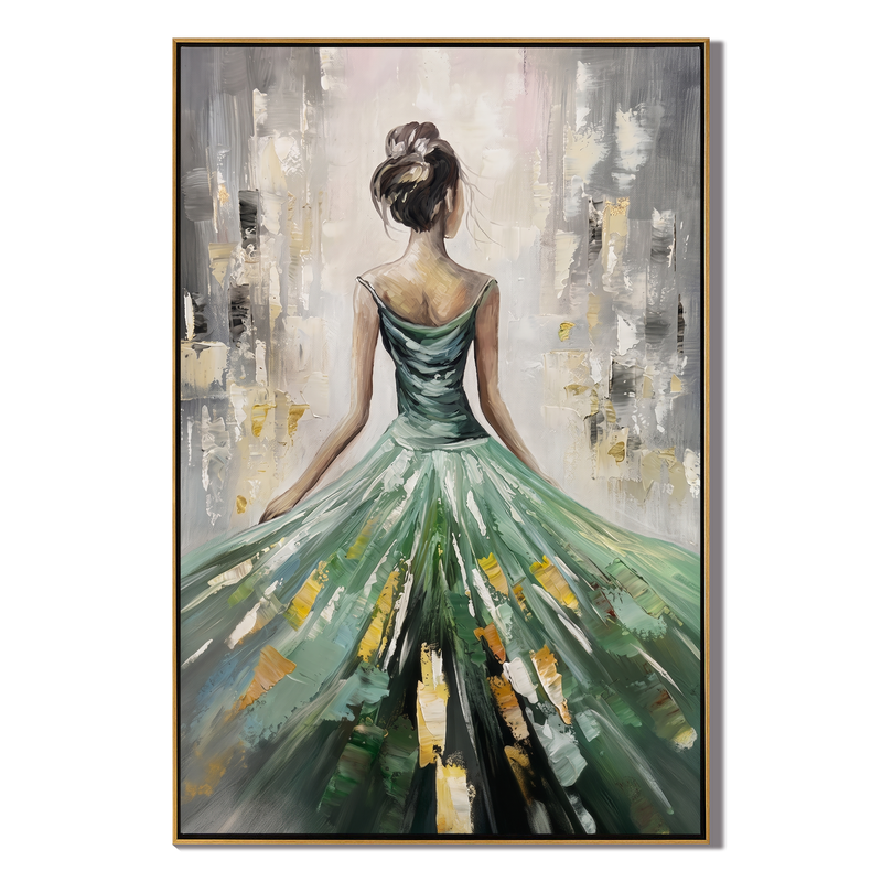 Emerald Radiance – Modern Impressionist Figure Painting | Elegant Woman in Sage Green Gown Bedroom Art