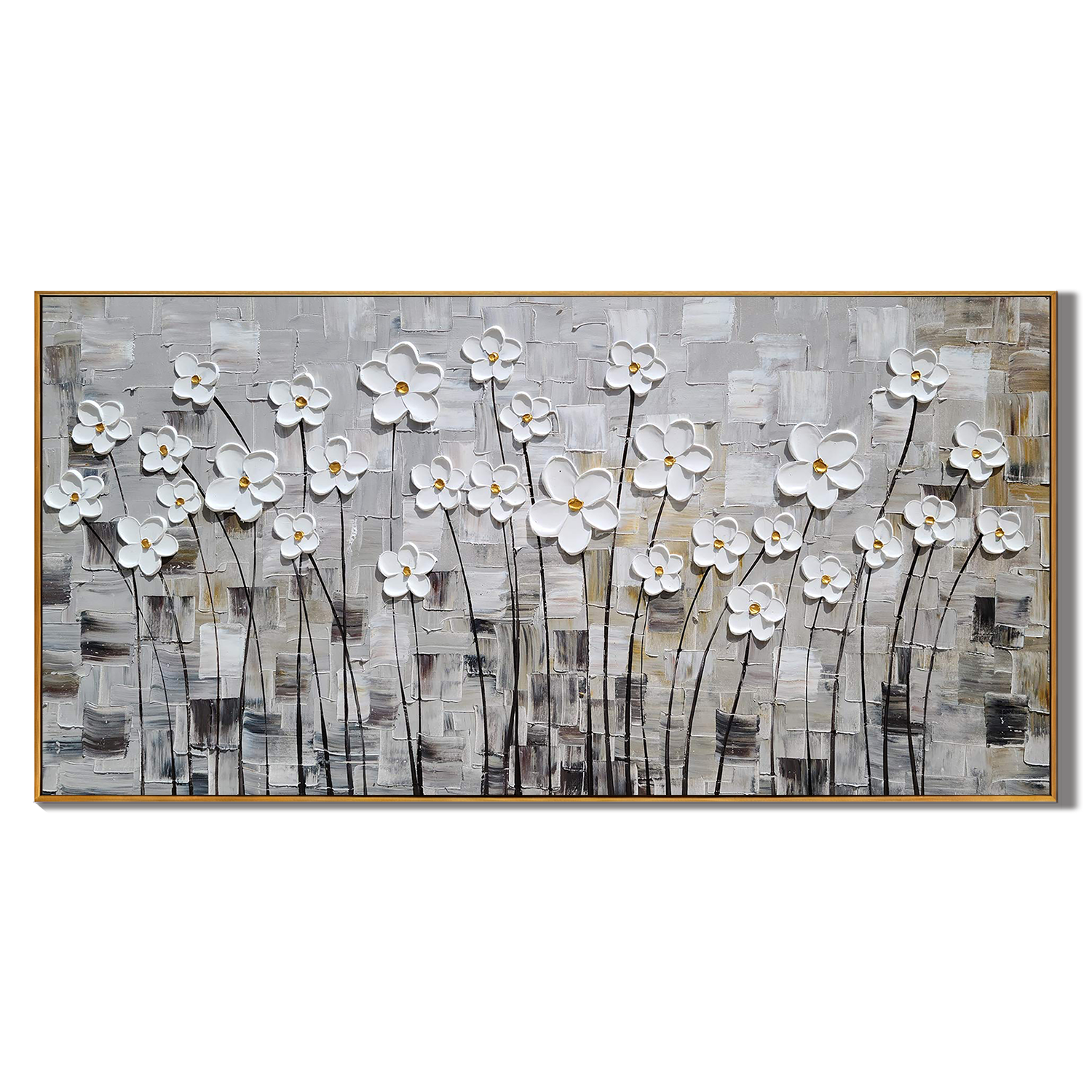 MODERN MEADOW: Panoramic 3D Heavy Texture Floral Wall Art, White Daisy Grid Relief Impasto