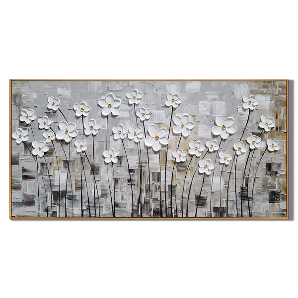 Modern Meadow – White Daisy Grid Relief Impasto Floral Painting | Contemporary Botanical Bedroom & Living Room Art