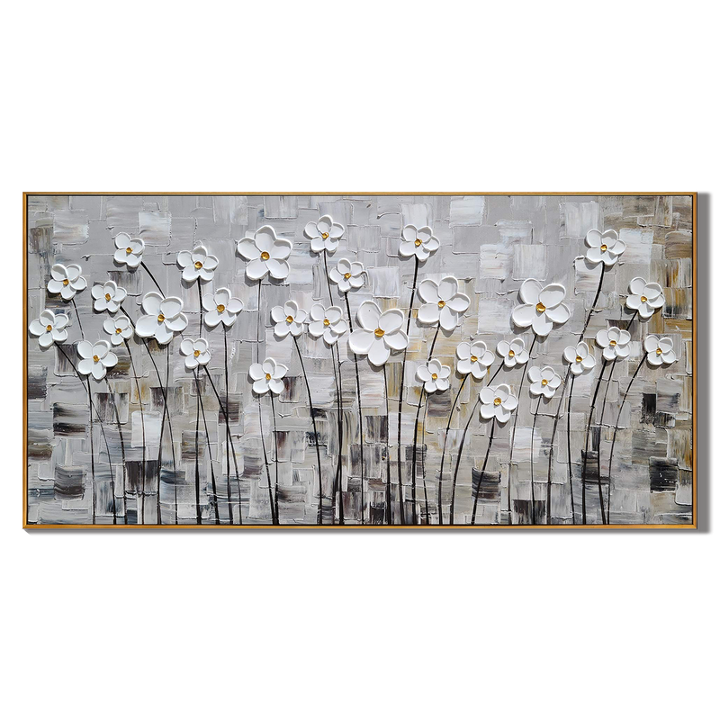 Modern Meadow – White Daisy Grid Relief Impasto Floral Painting | Contemporary Botanical Bedroom & Living Room Art