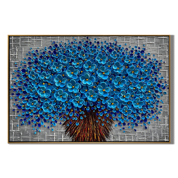 Cerulean Bloom – Modern Floral Relief Floral Painting | Contemporary Botanical Bedroom & Living Room Art