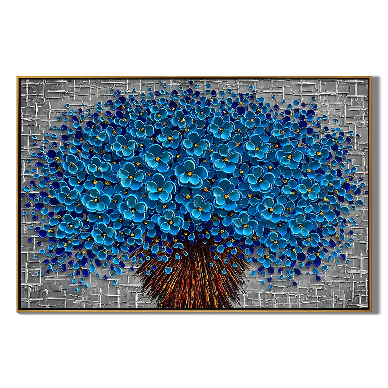 Cerulean Bloom – Modern Floral Relief Floral Painting | Contemporary Botanical Bedroom & Living Room Art