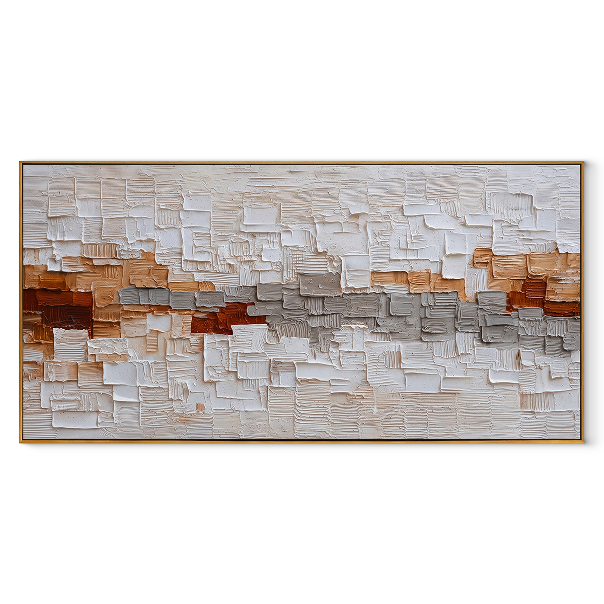 Ember Line Through White – White Rust Geometric Relief Painting | Modern Horizontal Wall Art