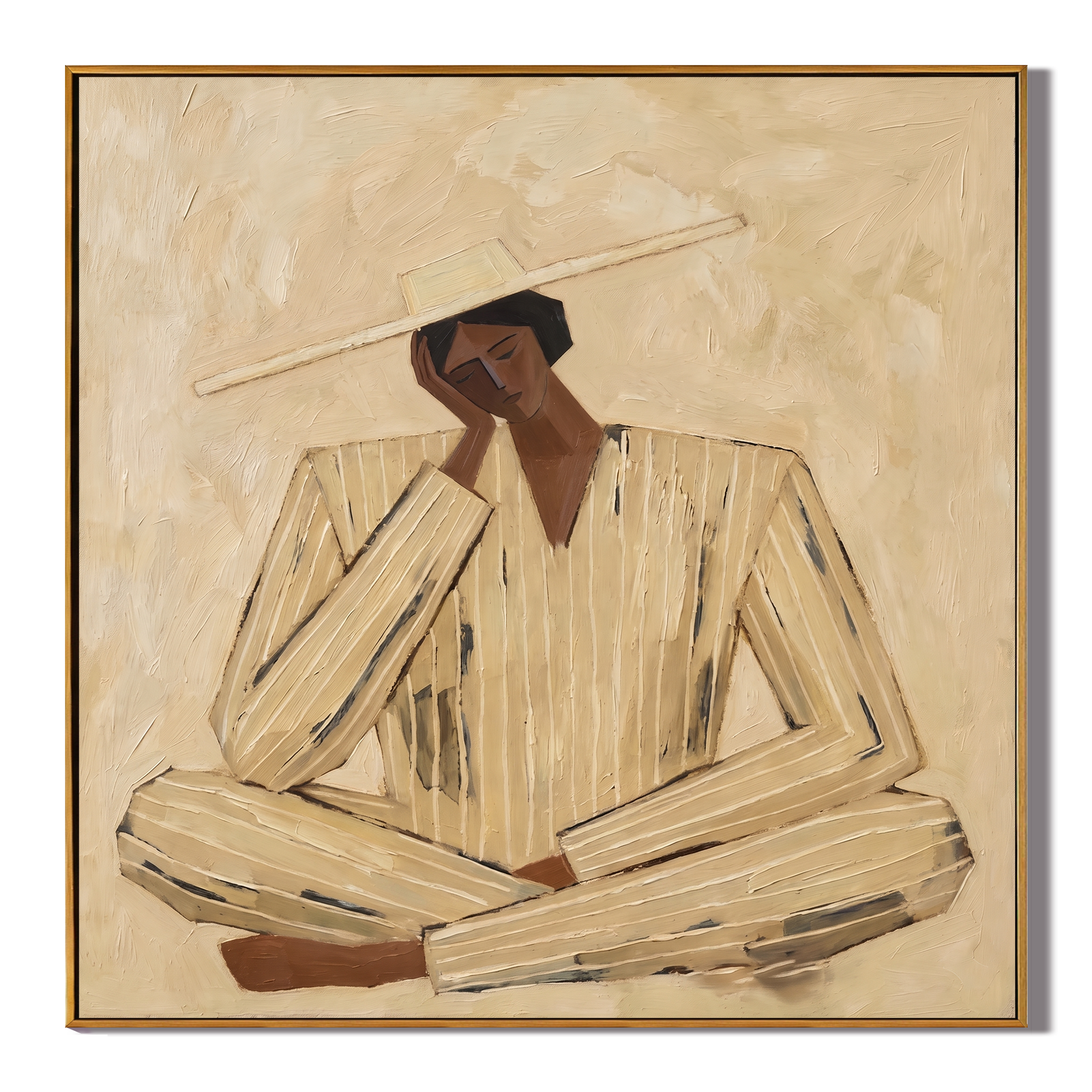 The Desert Meditative – Wabi-Sabi Heavy Textured Thinking Figure Painting | Minimalist Square Hallway Art