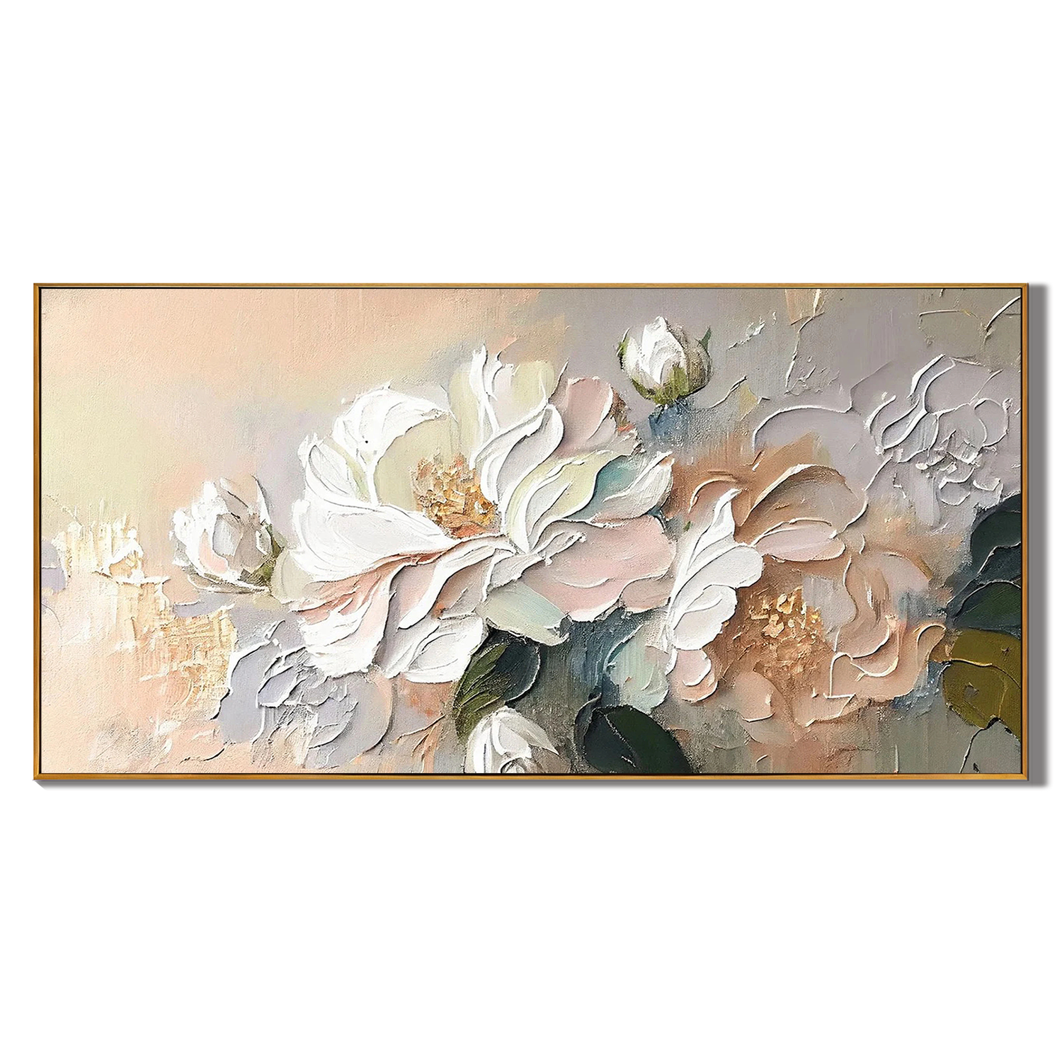 CREAMY BLOOMS: 3D Floral Wall Art, Hand-Painted Impasto White Peony Thick Textured Gallery Art