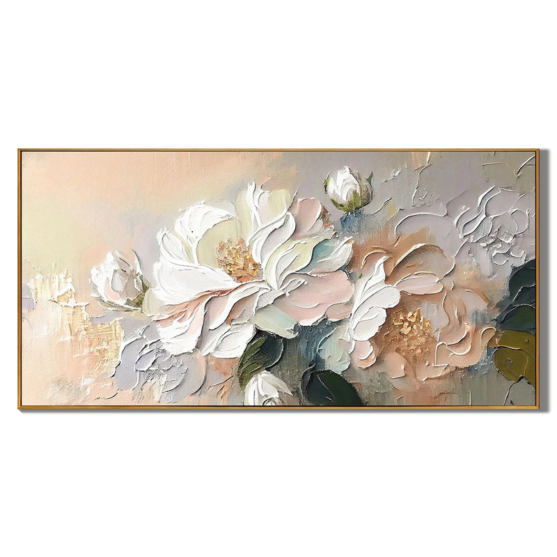 Creamy Blooms – Hand-Painted Impasto White Peony Thick Floral Painting | Soft Organic Botanical Bedroom & Living Room Art