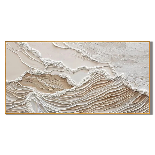 Earthen Strata – Hand-Painted Oatmeal and Tan Linear Plaster Relief Texture Painting | Japandi Organic Wabi-Sabi Living Room & Hallway Art