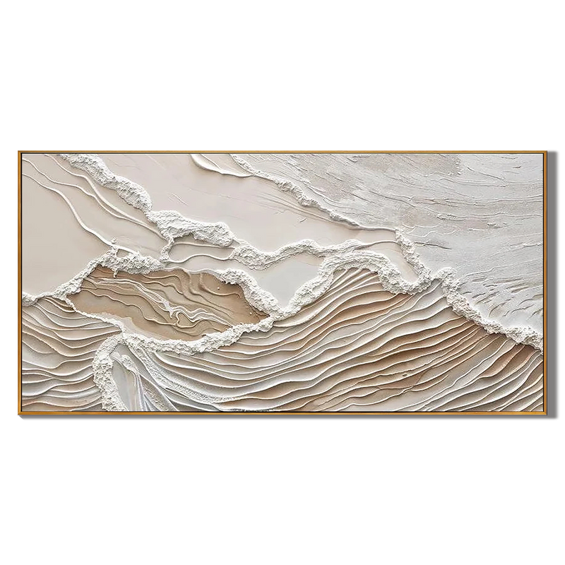 Earthen Strata – Hand-Painted Oatmeal and Tan Linear Plaster Relief Texture Painting | Japandi Organic Wabi-Sabi Living Room & Hallway Art