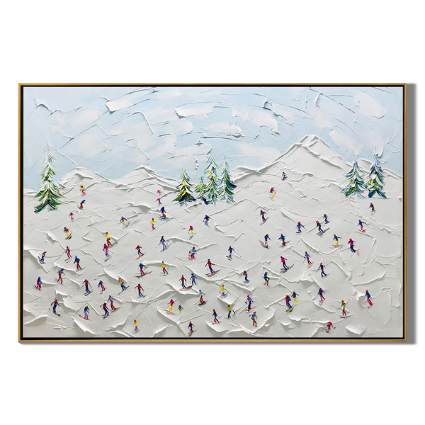 Summit Joy – Modern Heavy Impasto Skiing Oil Painting | Creative Snow Mountain Textured Living Room Art
