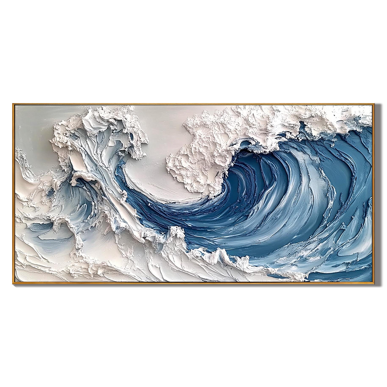 MAJESTIC CREST: Nature Wall Art, Hand-Painted Horizontal Deep Blue Ocean Wave 3D Impasto Heavy Texture Canvas Painting
