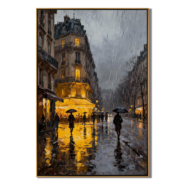Raindrop Glow – Romantic Cityscape Oil Impressionist Painting | Contemporary Expressionist Living Room & Office Art