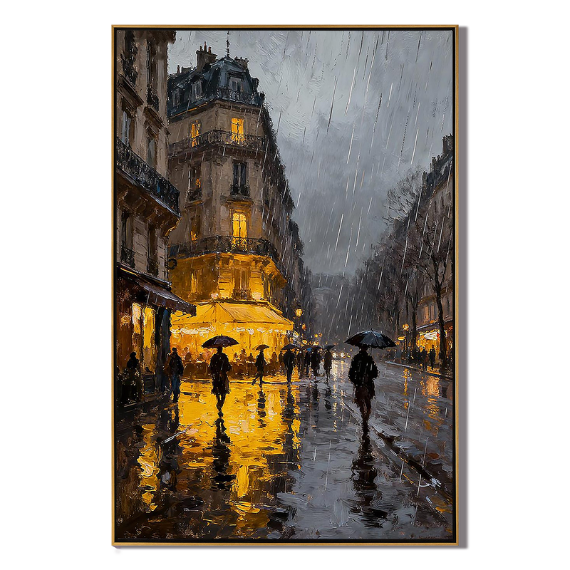 Raindrop Glow – Romantic Cityscape Oil Impressionist Painting | Contemporary Expressionist Living Room & Office Art