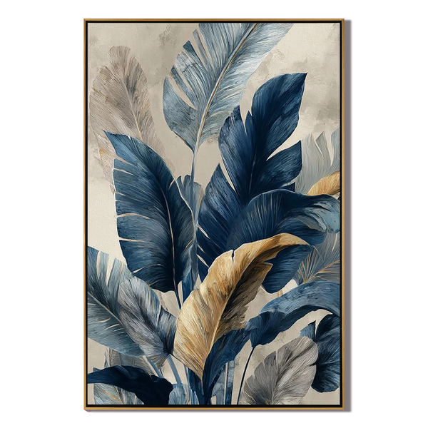 Midnight Jungle – Hand-Painted Navy Blue and Gold Foil Banana Leaf Floral Painting | Modern Luxury Botanical Bedroom & Living Room Art